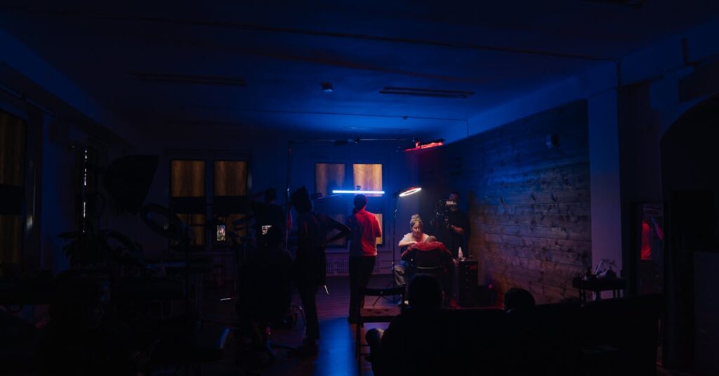 A dimly lit tattoo studio with artists working under neon lights, creating an immersive creative scene.