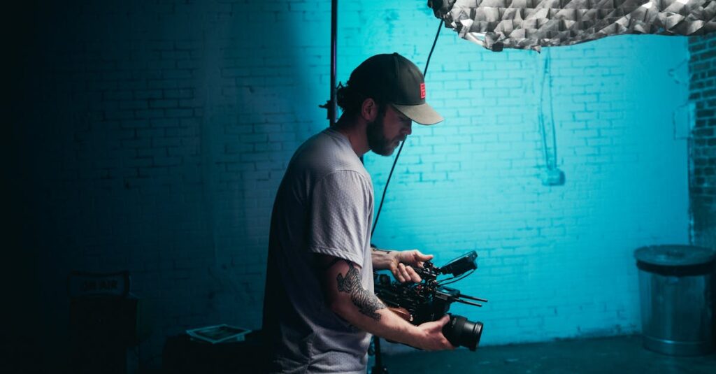 Cinematographer fine-tuning camera settings on a film set with professional lighting.