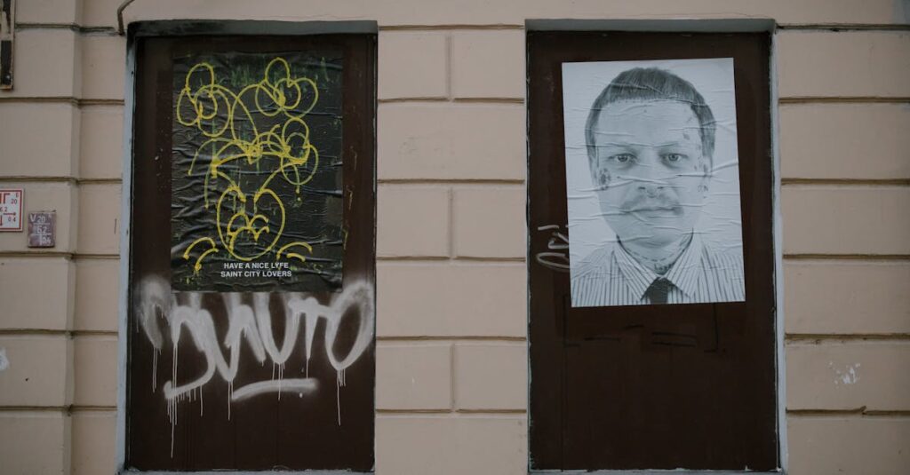 City building facade featuring graffiti and artistic posters for street art culture enthusiasts.