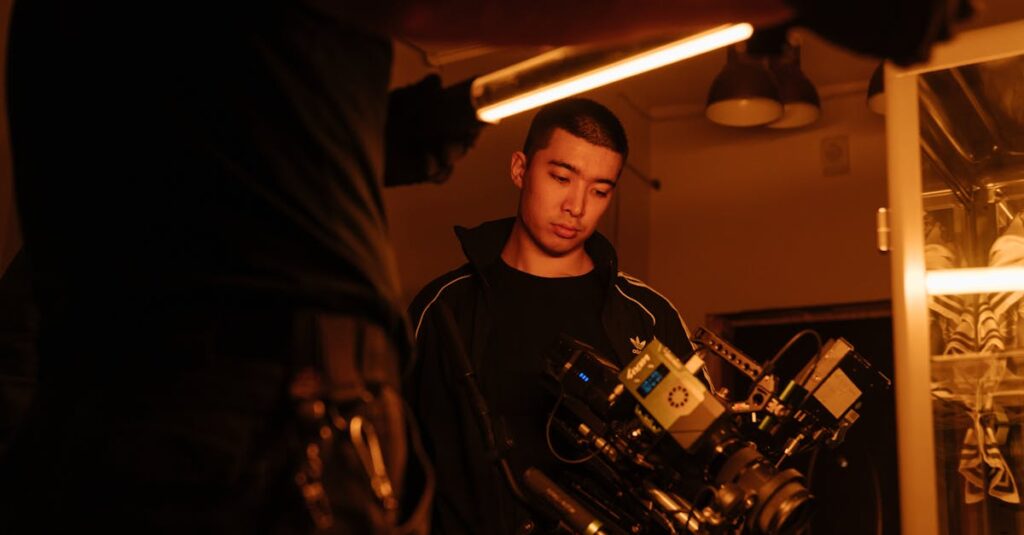 Film crew member adjusting camera setup under neon lighting, capturing creative filming process indoors.