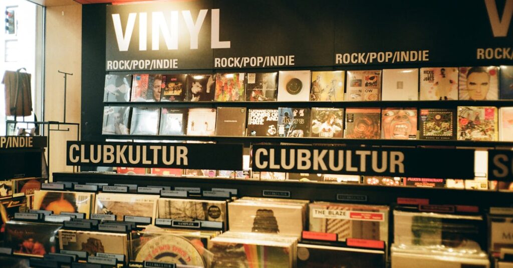 A vibrant indie music store displaying a variety of vinyl records under the categories rock, pop, and club culture.