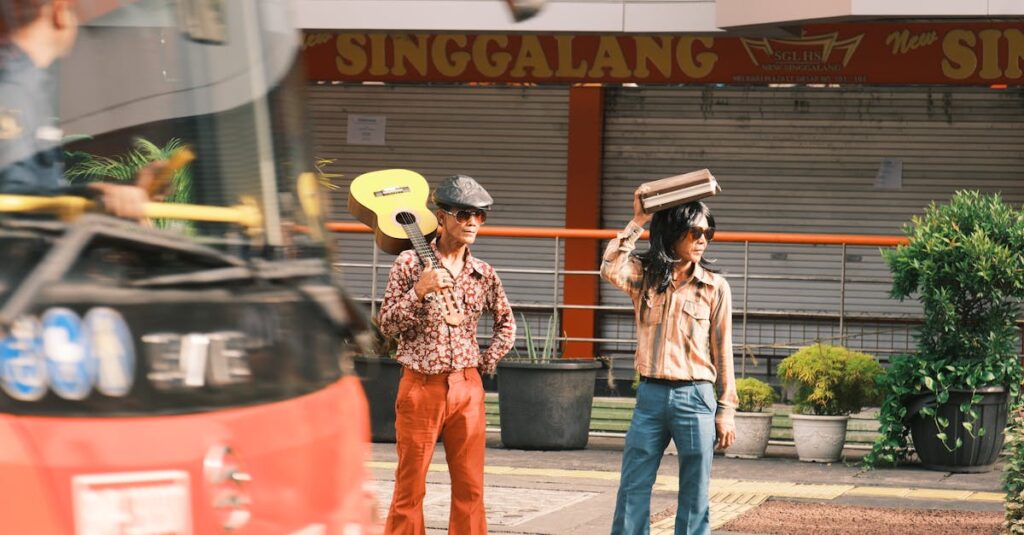 Two stylish street musicians with a guitar and retro outfits in Jakarta, Indonesia