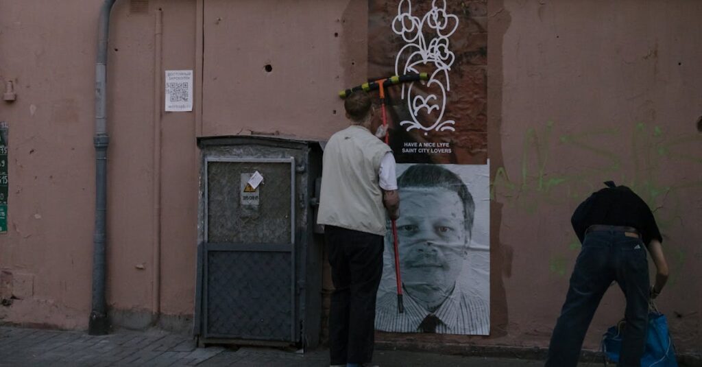 Two people installing street art on a city wall, adding creative visuals to urban alley.