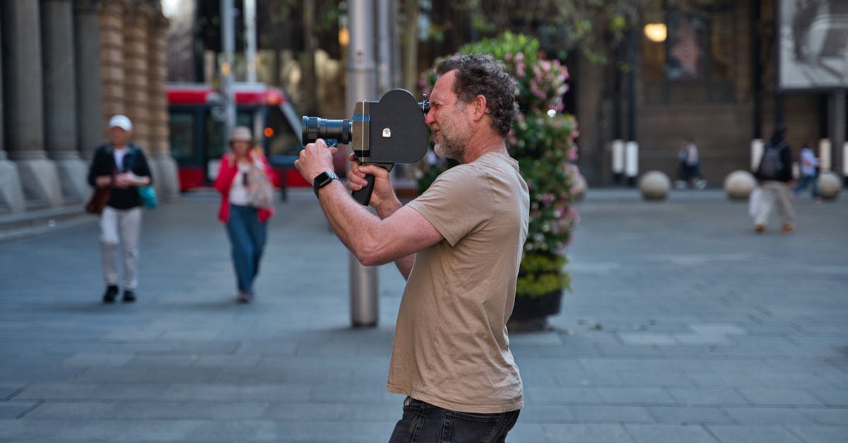 A street photographer captures city life in Sydney with a vintage camera, vivid city background.